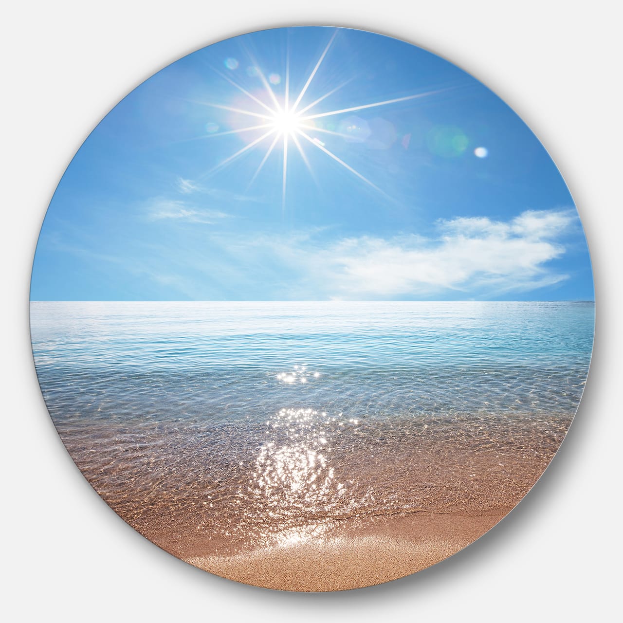 Designart - Serene Seascape with Bright Sun' Beach Metal Circle Wall Art